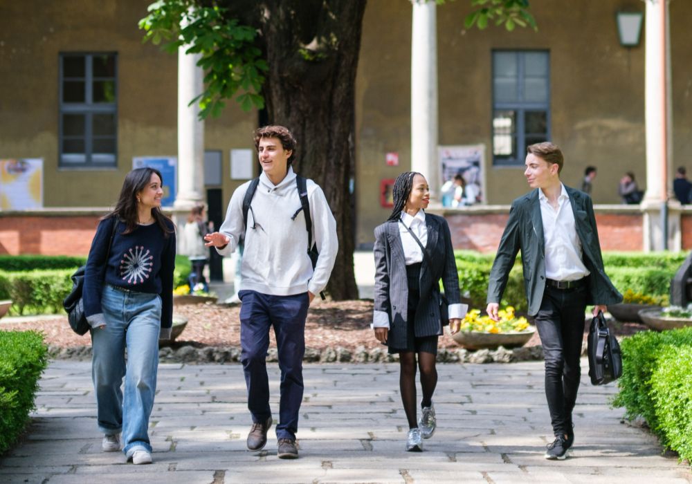 Students stroll through the university courtyard.